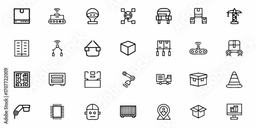 Illustration of logistics and automation icons featuring boxes robots and supply chain elements in black outline
