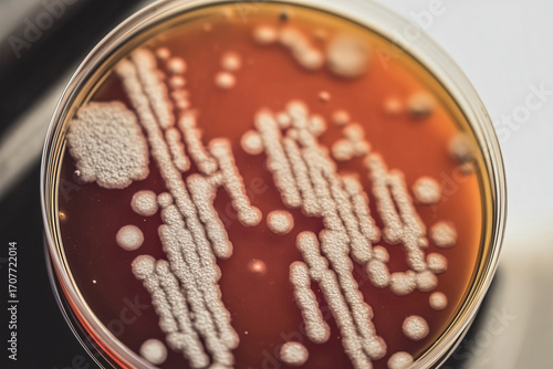 Petri dish with streaked microbial growth, possibly including Candida auris, Candida krusei, Candida parapsilosis, or other emerging fungal species. Ideal for clinical and lab use