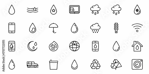 Collection of various outline icons including water drops, weather, technology and household items designs