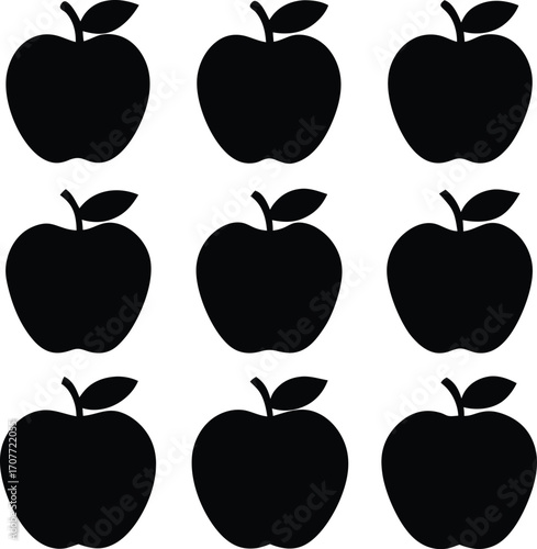 Black Apple Silhouettes: Nine Simple Vector Fruit Illustrations