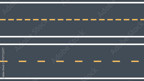 Vector illustration of asphalt road lanes with yellow and white dashed lines. Perfect for maps, transportation design, traffic signs, driving tutorials, or city planning projects.