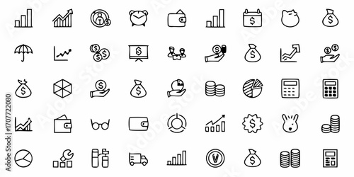 Collection of financial and business icons featuring money, charts, and other related symbols drawn in line art