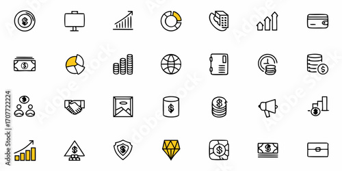 Illustration of various business and financial icons including money graph and communication tools