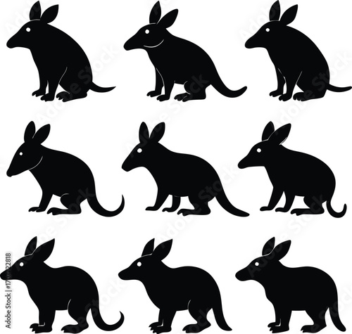 Black Aardvark Silhouettes: Nine Simple Animal Illustrations on White