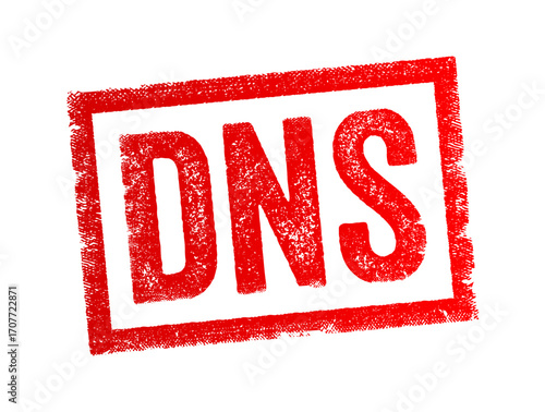 DNS text rectangular stamp style design. Acronym for Domain Name System, a key internet protocol used for translating domain names into IP addresses for web access