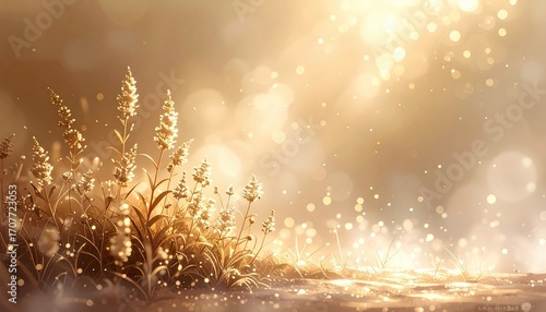 Golden Grass Sparkling in Soft Light with Bokeh Background and Particles