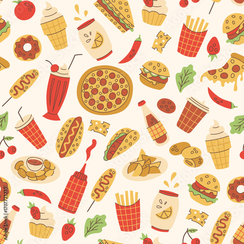 Playful Food and Drink Seamless Pattern. Modern Hand drawn Background with colorful Fast Snacks and Beverages. Trendy cafe restaurant menu design. Flat Vector Illustration
