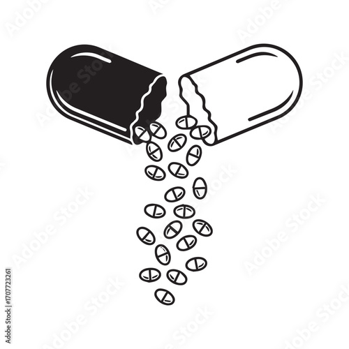 Open capsule pill with small tablets or granules pouring out. Black and white vector icon for pharmacy, medication, and healthcare concepts.
