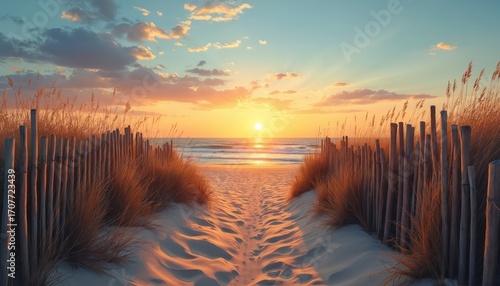 Path through coastal dunes leads to ocean at sunset. Warm golden light illuminates sand, sea, and sky. Grasses and wooden fence line sandy trail. Tranquil scene perfect for travel and vacation themes.