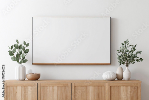 Minimalist living room decor with a blank frame and decorative plants against a soft wall