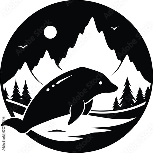Black and White Seal Silhouette in Mountain Landscape Circle Logo