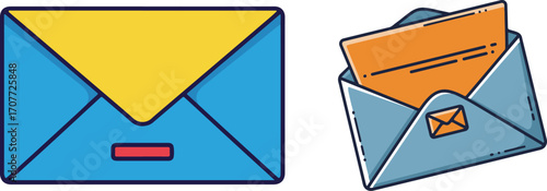 Two Illustrated Mail Envelopes, One Closed and One Open with a Letter