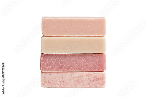 Stack of artisanal soaps with various textures and colors on white background.