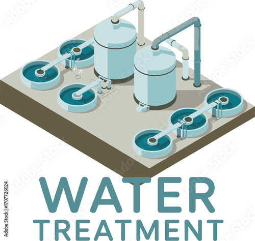 Isometric 3D water treatment plant, clean water system, wastewater management facility, filtration tanks, eco purification infrastructure, industrial processing unit.