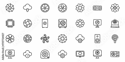 Discover dynamic icons representing technology innovation cloud computing and essential tech components for modern digital solutions and creative projects