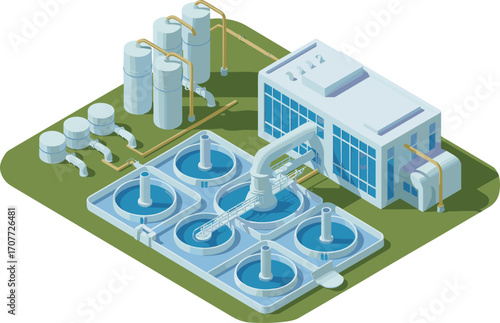 Modern isometric water treatment facility illustration, clean technology concept, wastewater management, eco-friendly purification plant, industrial filtration infrastructure, 3D render.