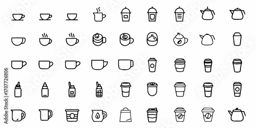Discover a versatile collection of modern coffee cup and teapot icons, perfect for branding, menus, and digital designs, offering a clean, minimalist aesthetic for any beverage-related project.