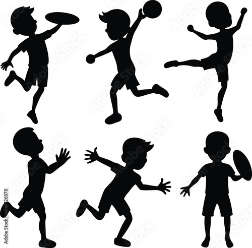 Silhouette Children Playing Sports: Frisbee, Ball, Active Kids