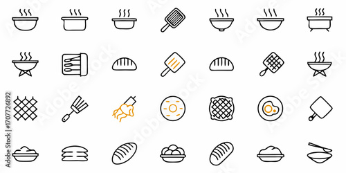 Culinary icons set showcasing delicious food and essential cooking tools for vibrant kitchen designs and recipe creations
