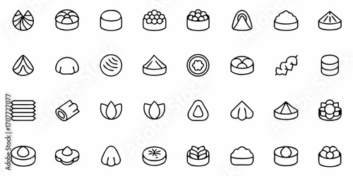 A delightful collection of minimalist line art icons representing various delicious Asian food items and culinary ingredients, perfect for menus, recipes, and websites.