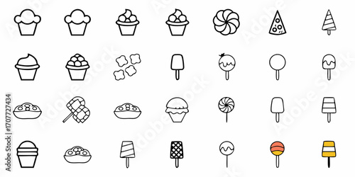 Delightful collection of hand-drawn sweet treats and desserts including cupcakes, popsicles, lollipops, and pizza slices for joyful designs