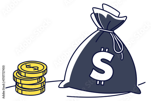 Bag of Money and Stack of Coins.