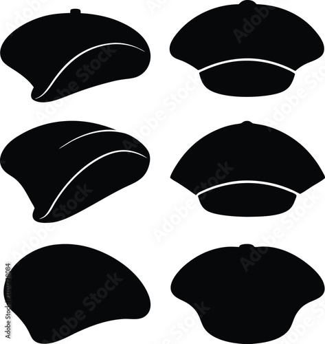 Black Flat Caps Silhouettes: Stylish Headwear Vector Illustration