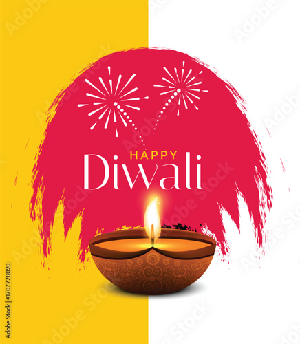 Happy Diwali abstract greeting card flat design template with festive Diya, happy diwali decorative diya festival card design