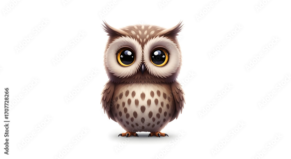 Fototapeta premium Cute Cartoon Owl with Big Eyes on White Background