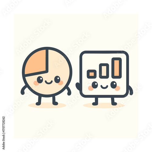 Cute analytics mascots with pie chart and bar graph