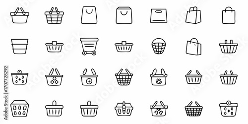 Diverse collection of hand-drawn shopping baskets and bags offering a charming, versatile visual for retail, e-commerce, and marketing needs