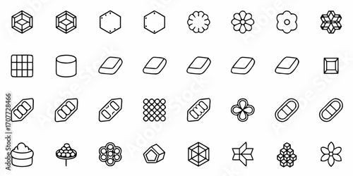 Collection of 30 icons representing storage hybrids and geothermal energy solutions in various geometric forms