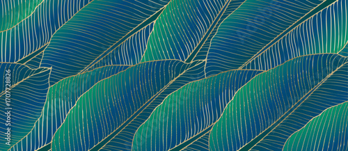 Banana leaves luxury tropical abstract background. Thin golden lines botanical design.