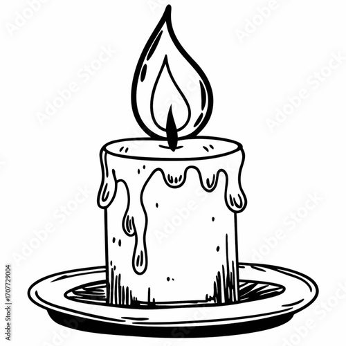 Minimilist illustration of a lit candle with dripping wax sitting on a small plate in black and white outline vector