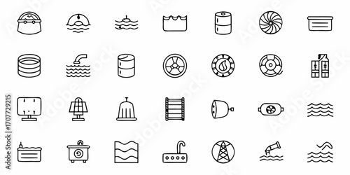 Diverse collection of modern icons representing water, energy, and industrial elements, perfect for tech and eco-friendly designs