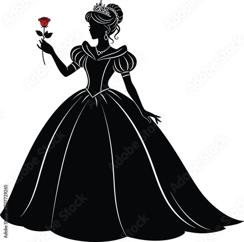 PrintElegant royal woman silhouette in ball gown holding red rose, crown tiara necklace, formal fashion princess illustration for classic beauty themes