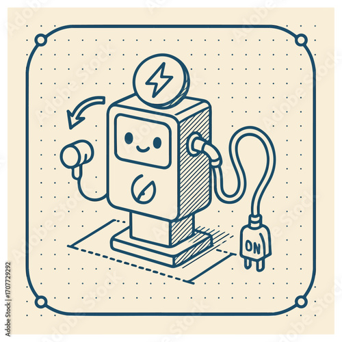 EV Charging Station Mascot – Electric Vehicle Charger (Isometric Line Icon)