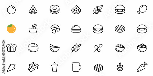 Delicious food icons showcasing fresh ingredients and popular meals perfect for menus, apps, and culinary branding projects