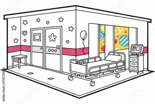 Cartoon Hospital Room Interior with Bed and Medical Equipment.