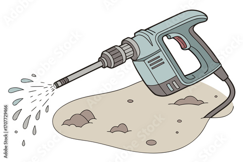 Cartoon Rotary Hammer Drill Spraying Water.