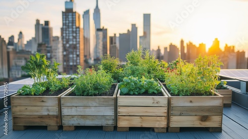 Urban rooftop garden showcases sustainable farming practices with a city skyline backdrop at sunset