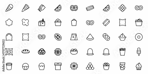 Discover a delightful collection of simple, modern outline icons featuring various food items, treats, and sweet delights perfect for menus, recipes, or culinary branding