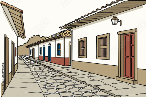 Charming Cobblestone Street with Traditional Buildings.
