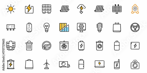 Vibrant collection of renewable energy and eco-friendly technology icons, perfect for illustrating sustainable solutions, green initiatives, and environmental awareness projects