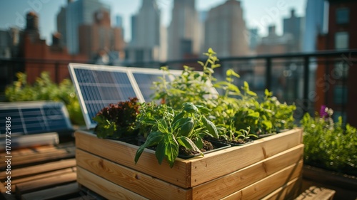 Urban rooftop garden showcases sustainable farming with solar power and diverse crops in a city setting