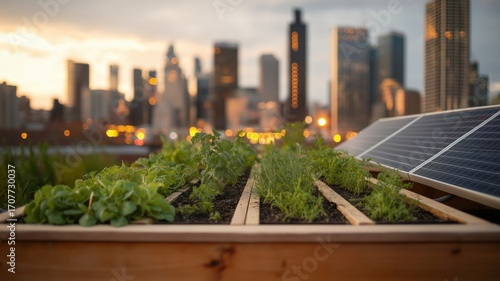 Innovative rooftop farm featuring solar panels and fresh crops overlooking a bustling cityscape