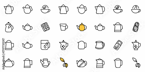 Collection of modern, clean line art icons representing teapots, cups, and tea leaves, perfect for branding, menus, and beverage services