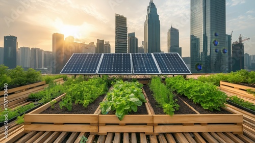 Innovative urban farming with solar energy on a rooftop in a bustling cityscape
