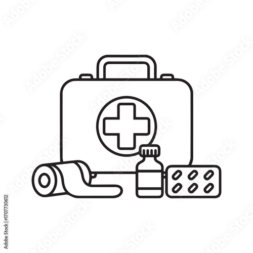 First aid kit line icon with medical supplies. Vector graphic of emergency healthcare equipment including bandage, medicine bottle, and pills.
