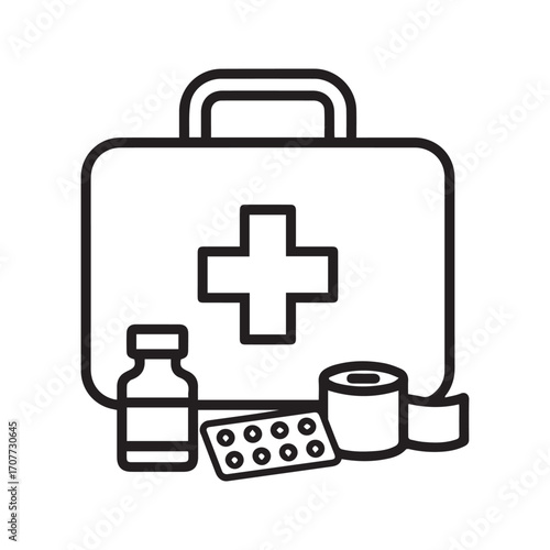 First aid kit line icon with medical supplies. Vector graphic of emergency healthcare equipment including bandage, medicine bottle, and pills.
